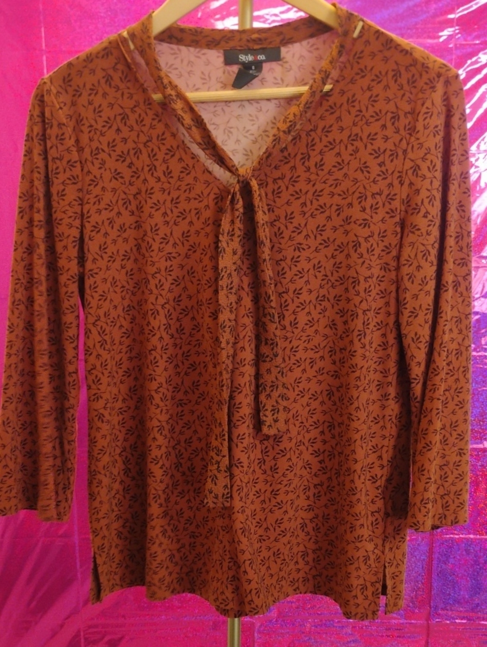 Style & Co. Rust Brown Botanical-Print Long Sleeve Tie-Neck Top